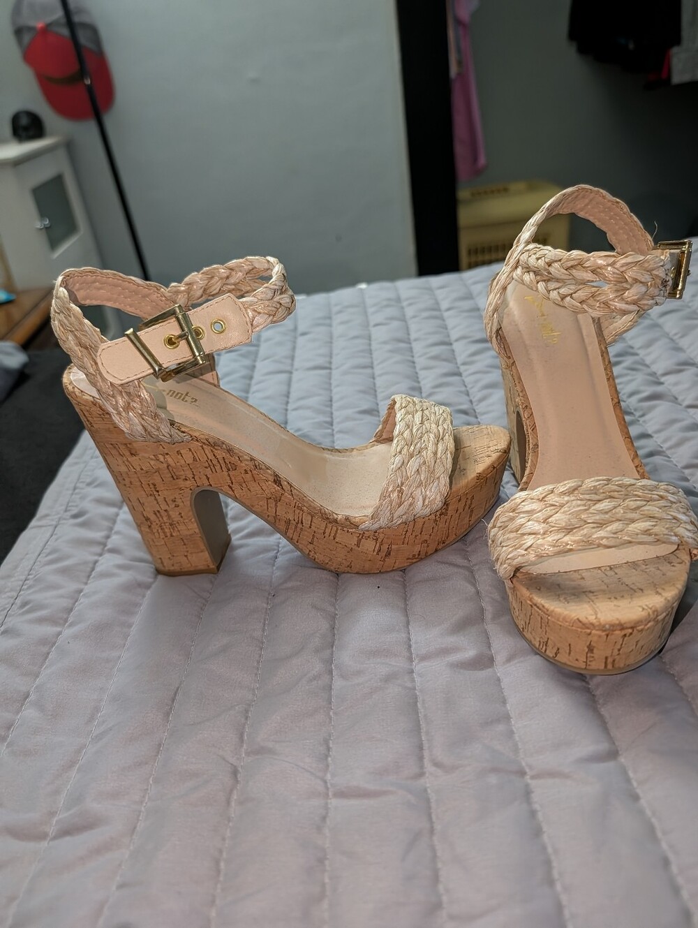 Braided Cork Wedge Sandals in Light Beige with Ankle Strap - Picture 2 of 6